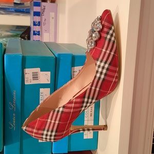 Red Plaid Heels Lauren Lorraine Christmas Stiletto Gem Glitter 6.5
